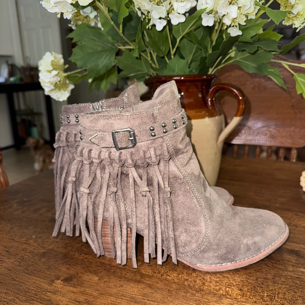 Very G Tan Ankle Boots with Fringe Detail